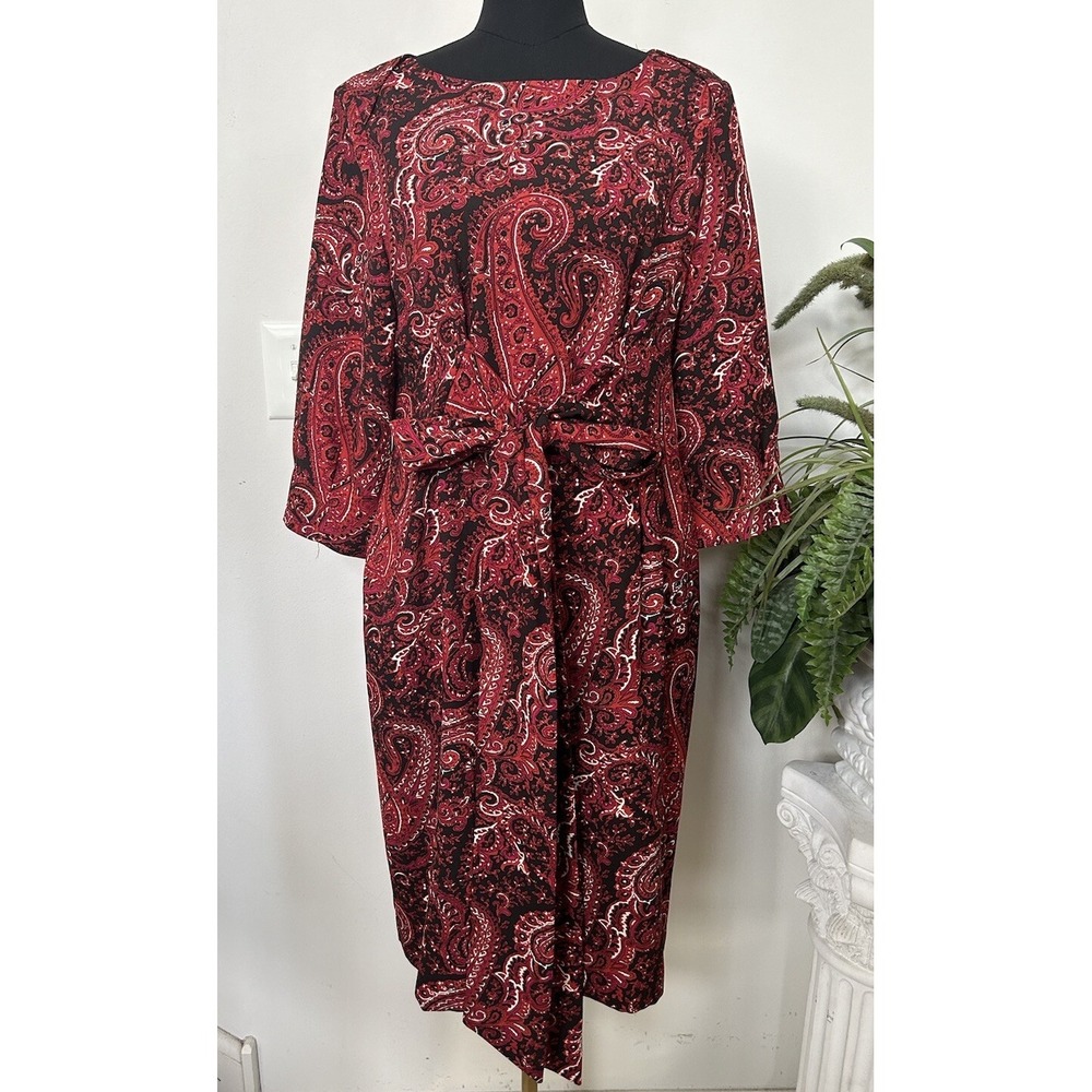 Talbots Red Art Wear Black Paisley Bandanna Print Tie Waist Sheath Dress Sz 14
